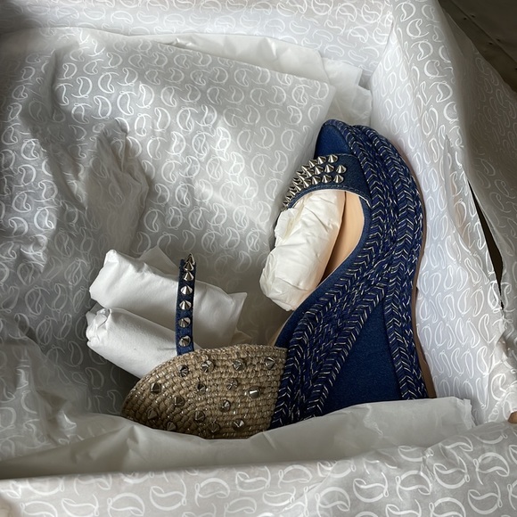 Christian Louboutin madmonica denim beige sandal wedge espadrille 120mm sz 38 - Picture 12 of 13